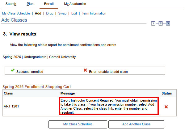 View results screen with red box around the table's message column cell.