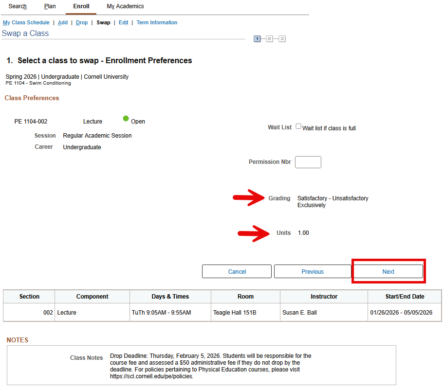 Select a class to swap-Enrollment Preferences screen with red arrow pointing to Grading and Units dropdown. Red box around Next button.