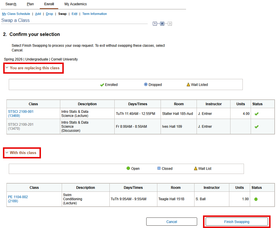 Confirm your selection screen with red boxes around 1) you are replacing this class and with this class 2) with this class and 3) Finish swapping button.
