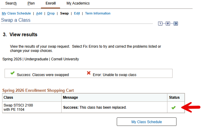 View results screen with red arrow pointing to a green checkmark in the table's Status column.