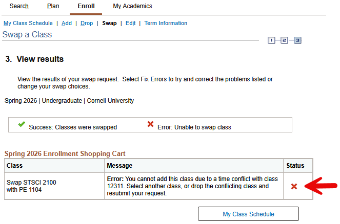 View results screen with red arrow pointing to a red X in the table's Status column.