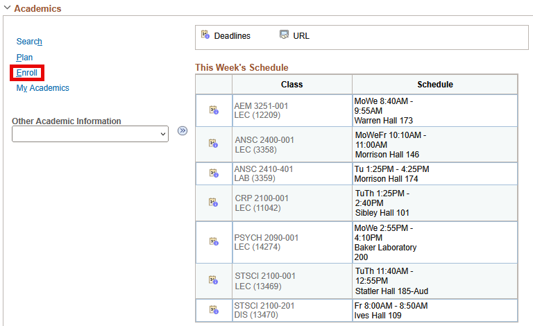  Academics Section of Student Center with red box around Enroll link.
