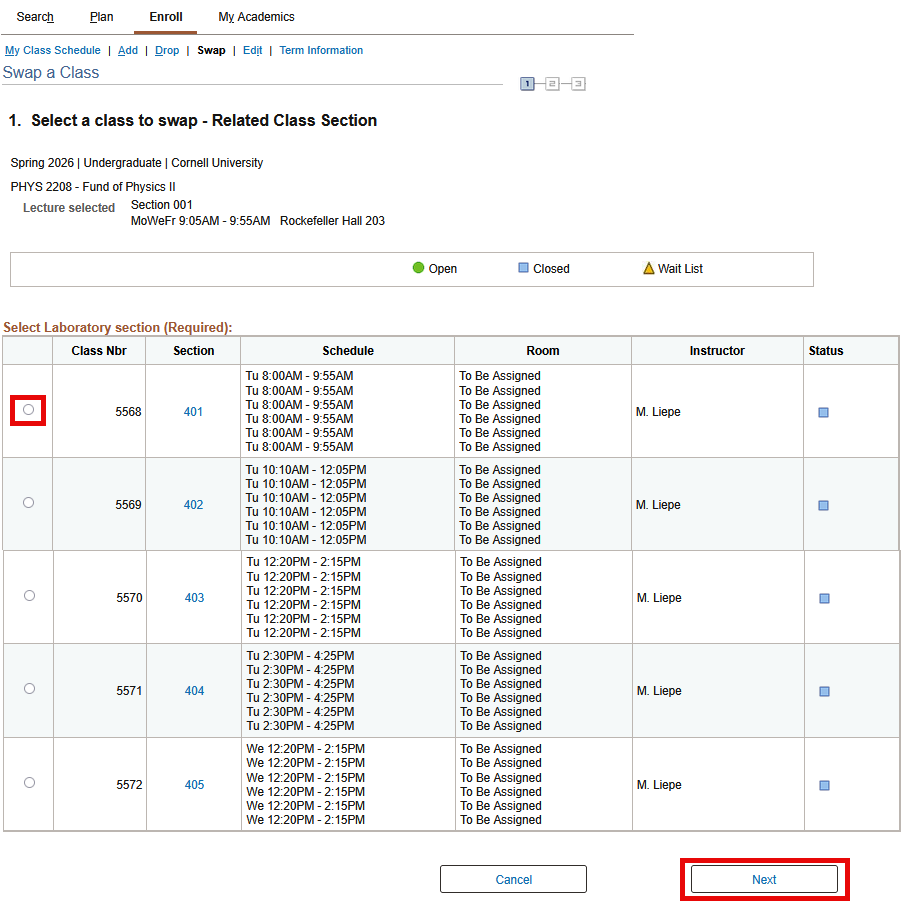  Select a class to swap - Related Class Section screen with red boxes around 1) a radio button for a section of PHYS 2208 and 2) the Enter button.
