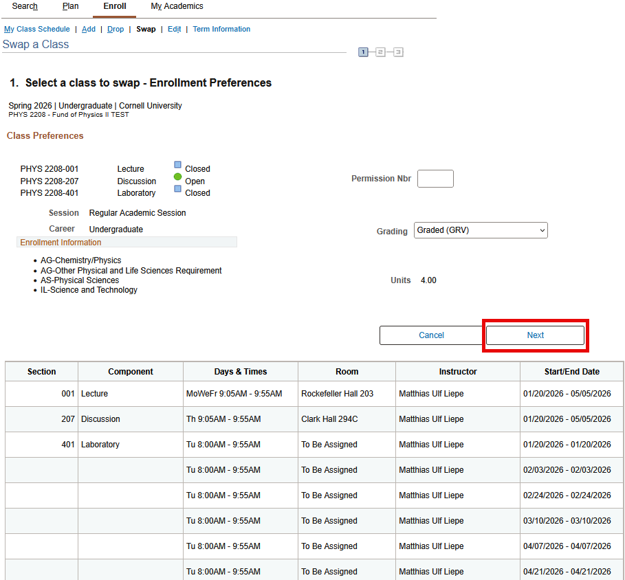 Select a class to swap - Enrollment Preferences screen with a red box around the Next button.