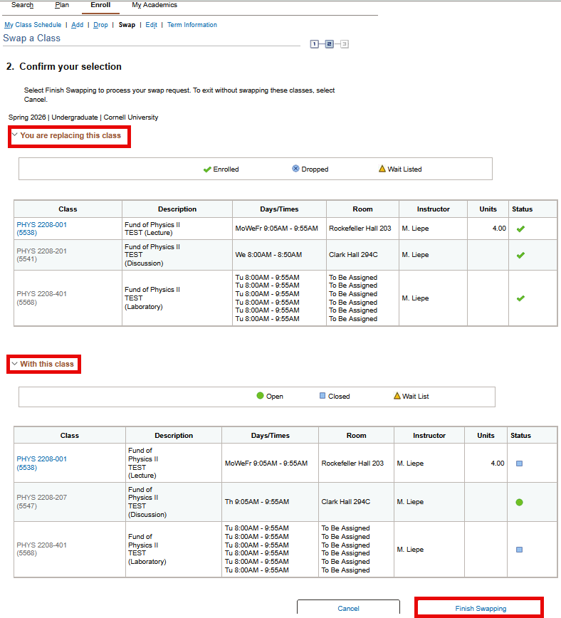 Confirm your selection screen with a red box around You are replacing this class and With this class tables.