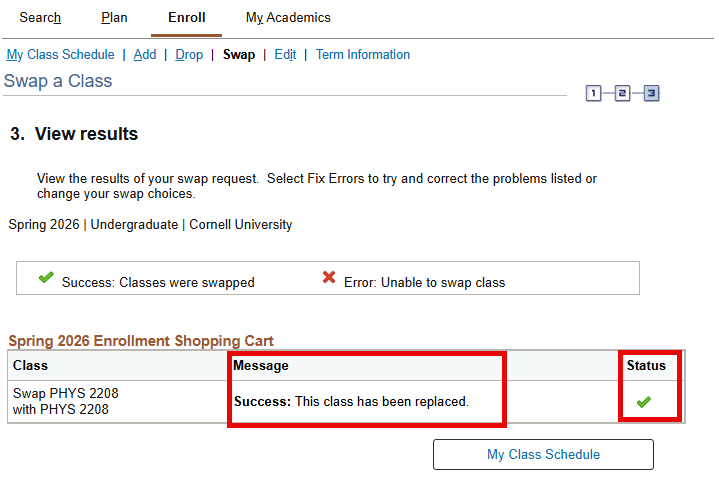 View results screen with a red box around 1) Message column and 2) Status column.  