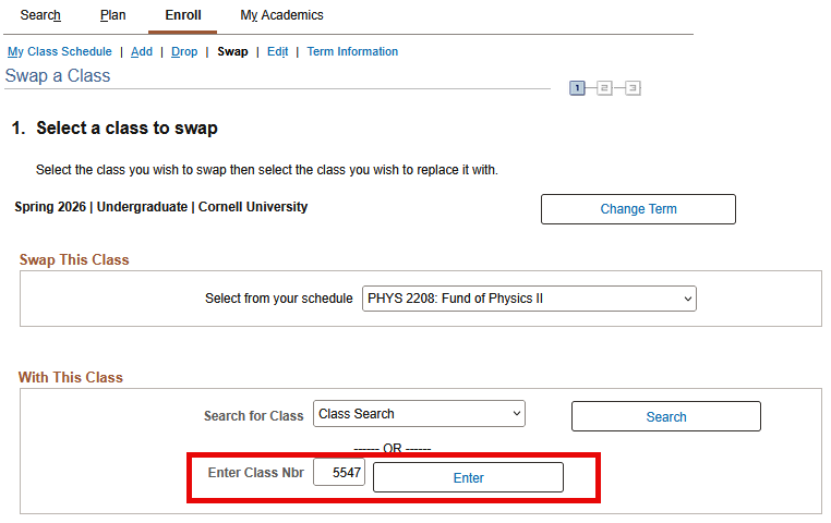 Select a class to swap screen with a red box around the 'Enter Class Nbr' textbox in the With this Class section.