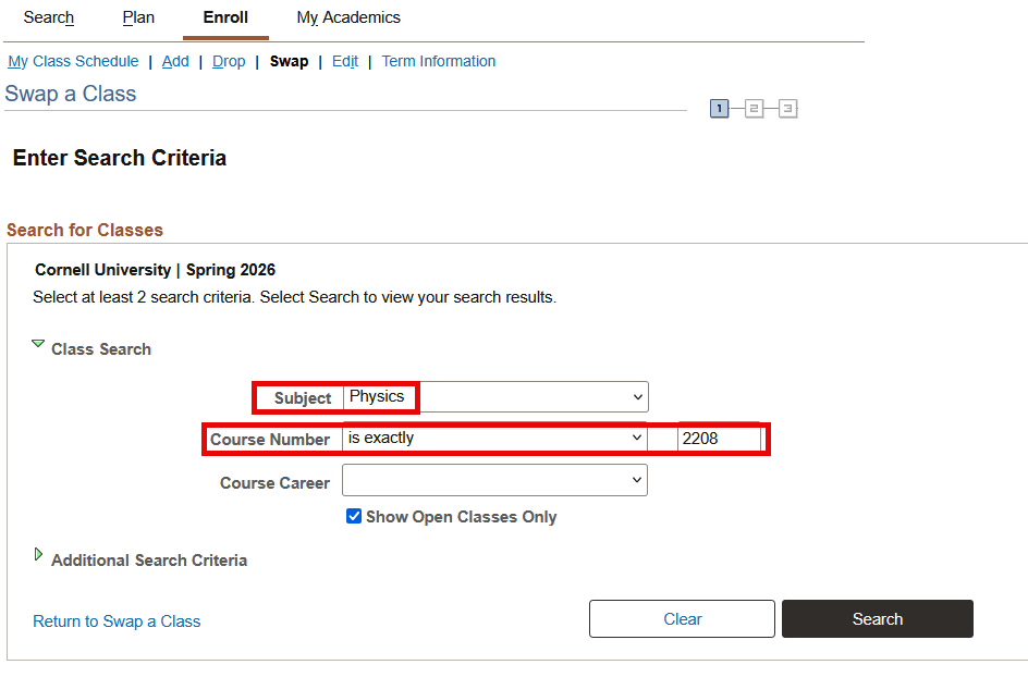 Enter Search Criteria screen with a red box around 1) Subject dropdown and 2) Course Number text field.
