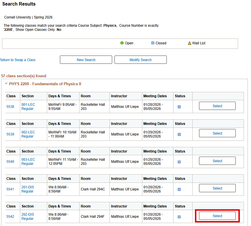 Search Results screen with red box around the Select button in PHYS 2208 class section table row 5.
