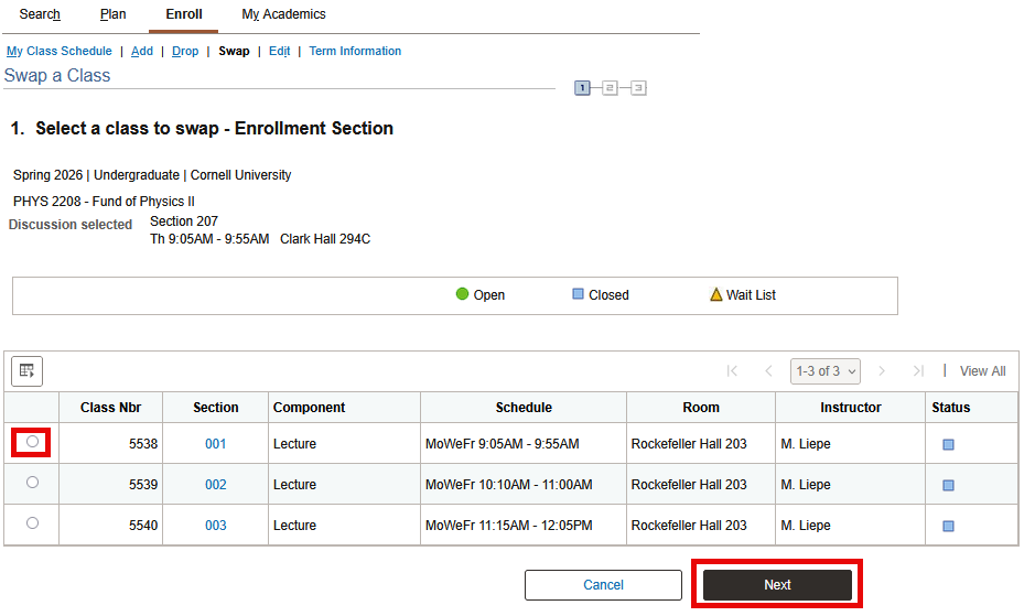 Select a class to swap - Enrollment section screen with red boxes around 1) a radio button for a section of PHYS 2208 and 2) the Enter button.