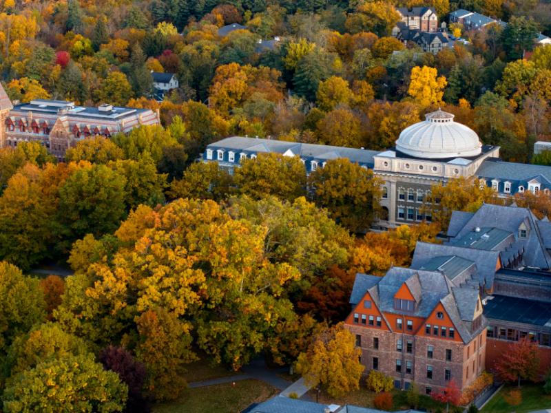 An aerial view of campus in the fall.